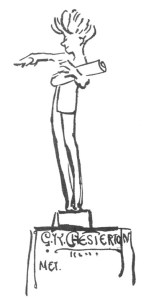 Autorretrato del joven Chesterton. Aunque seguro que no lo pensó así al dibujarlo, GK nos señala una dirección, el camino de la sensatez y el sentido común. Imagen en 'Los países de colores'. Valdemar.